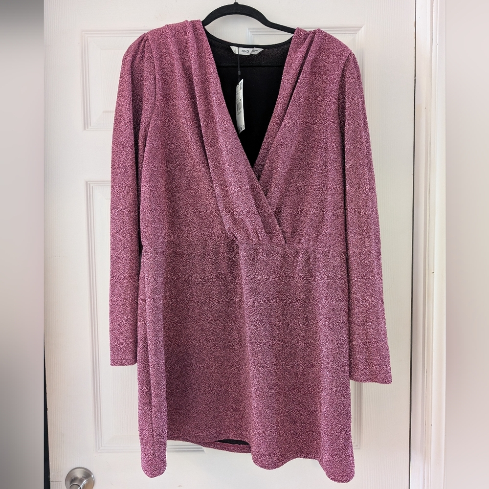 Mango Dusty Rose Faux-Wrap Long Sleeve Dress